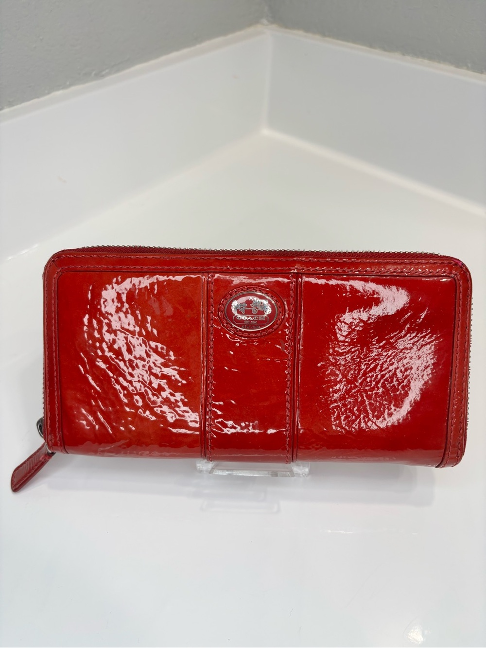 Coach Liquid Gloss Patent Leather Zip Wallet with Logo Crest